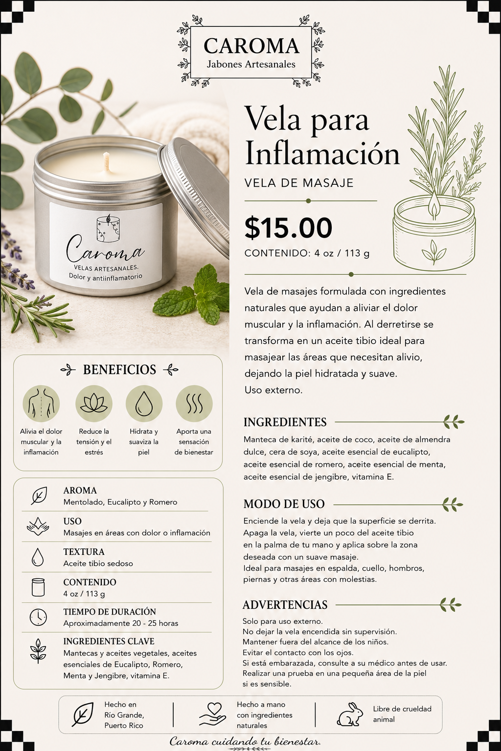 Vela de masaje para la inflamacion.