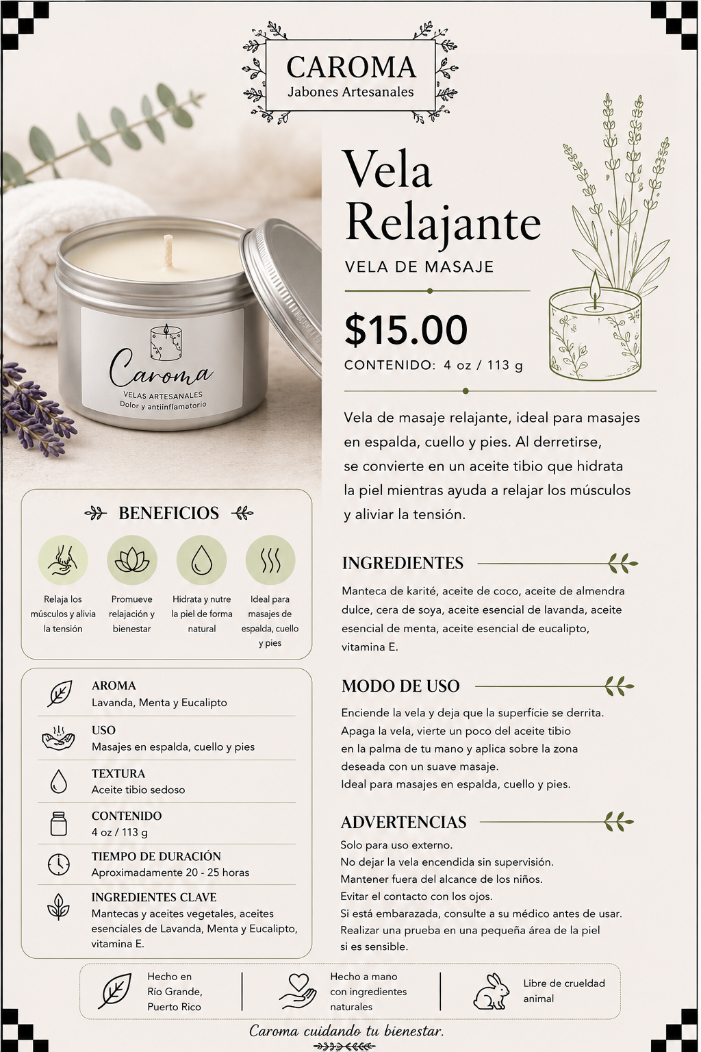 Vela para masajes  relajación.